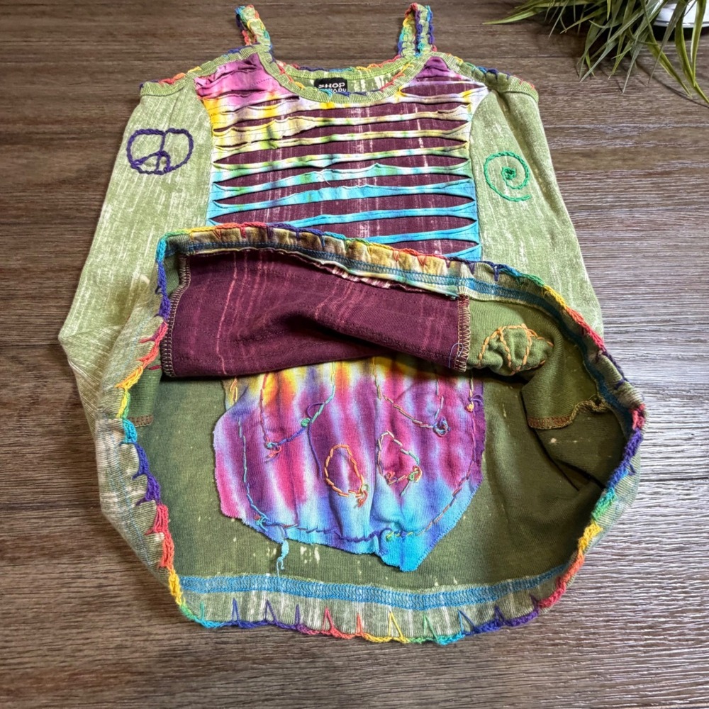 Shop Therapy Nepal Cotton Tie Dye Peace Sign Slashed Boho Tank Top Green M/L - Picture 5 of 10